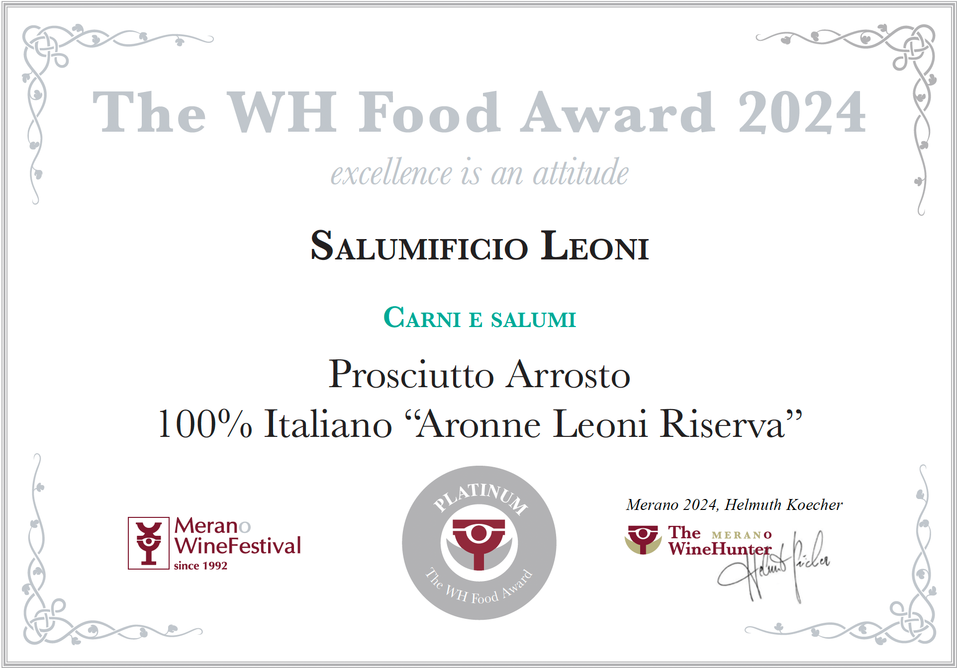 Aronne Leoni Riserva -  5 SPILLI Guida Salumi D’Italia 2025 & PLATINUM AWARD WINEHUNTER 2024